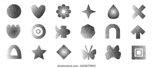 Grain black noise gradient geometric shape set. Y2k retro heart, drop and arch with flower forms. Gritty grunge butterfly and fish icons on white background. Vector stippling illustration.