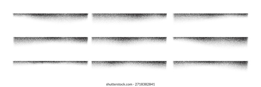 Grain box brush with noise shadow and gradient edge. Soft spray drop gradation stipple sand divider dotwork or gritty vector overlay for abstract graphic. Half circular cube and oval shape.