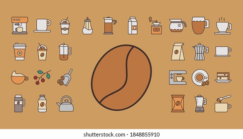 Korn mit Paket Kaffee-Set füllen Stil Symbole Vektorgrafik Design
