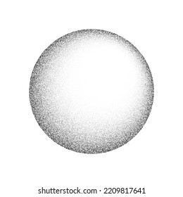 Grain circle gradient. Stippled round shape. Radial stochastic dotwork texture. Random grunge noise background. Black dots sphere. Halftone vector 