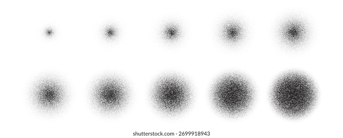 Textura de spray de círculo de grano con gradiente de aerógrafo de luna y punteado de ruido de punto. Fotocopia grunge dotwork con Elementos de grano y textura de spray circular para trabajo gráfico. Estética de tinción circular