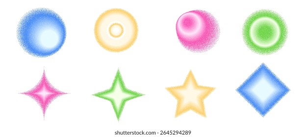 Grain color gradient geometric shape set. Y2k noise circle with stars forms. Colorful round and spark icons on white background. Trendy effect textured figures. Vector gritty neon colors illustration.