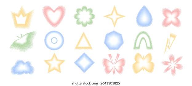 Grain color noise gradient geometric shape set. Y2k retro heart, drop and crown with flower forms. Colorful butterfly and star icons on white background. Vector stippling illustration.