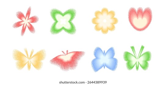 Grain color noise gradient geometric shape set. Y2k colorful butterfly and flowers icons on white background. Floral and flying grainy figures. Trendy effect blurry dots texture. Vector illustration.
