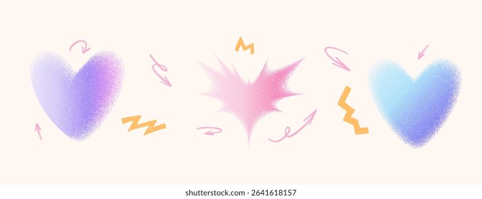 Grain color noise gradient hearts shape set. Y2k retro dating forms icons isolated on beige background. Trendy effect with blurry dotwork texture. Vector illustration collection.