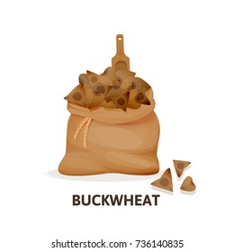 Grain crops in bags. Bag of buckwheat cereals, culture, wooden spoon, herbaceous plant, an agricultural crop, useful natural organic food. Farming industry, shopping. Vector illustration.