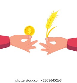 Grain deal. Meeting business transactions of sale crops. Buy grain. Agricultural income concept. Coin and ear of grain in hand. Exchange deal. Agribusiness background. Vector illustration flat design.