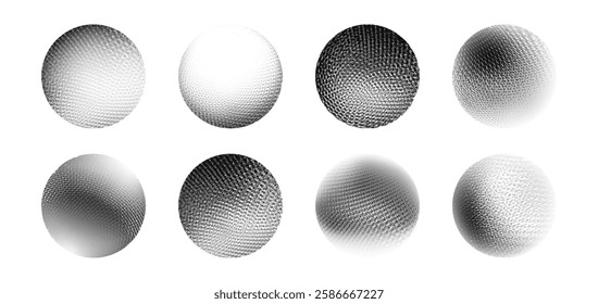 Grain dot sphere collection of monochrome halftone patterns - circular shapes with gradient mesh texture, stippled surface effects with different density of dots. Abstract geometric elements.