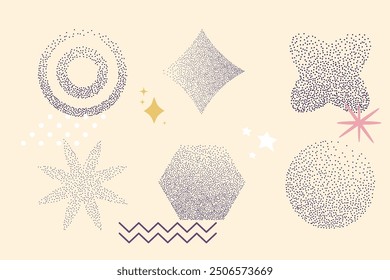 Grain dot stipple y2k abstract geometry shapes. Noise sand dust pointillism effect. Retro aesthetic 2000s style. stipple halftone dotwork