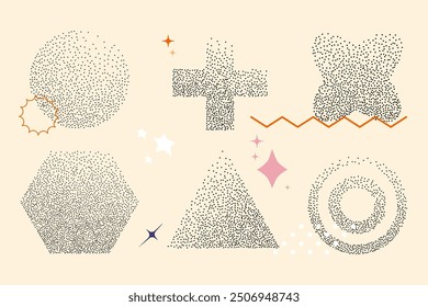 Grain dot stipple y2k abstract geometry shapes. Noise sand dust pointillism effect. Retro aesthetic 2000s style. stipple halftone dotwork