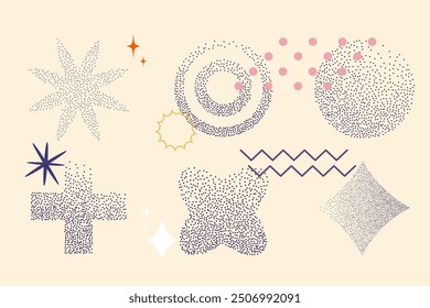 Grain dot stipple y2k abstract geometry shapes. Noise sand dust pointillism effect. Retro aesthetic 2000s style. stipple halftone dotwork