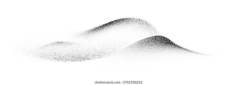 Grain dot wave background. Halftone mountain landscape. Abstract black and white dotted silhouette of hill range on white with soft gradient effect and stippling texture. Vector illustration.