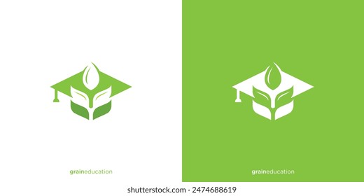 Grain Education Logo Design. Graduation Hat and Grain, Wheat with Minimalist Style. Farm Education Logo, Icon, Symbol, Vector, Design Template.