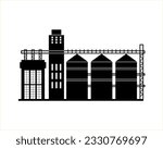 Grain elevator, agricultural building of a granary. Black silhouette of a warehouse of cereals on a white background. Vector illustration icons