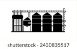 Grain elevator, agricultural building of a granary. Black silhouette of a warehouse of cereals on a white background. Vector illustration icons