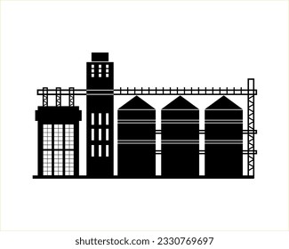 Grain elevator, agricultural building of a granary. Black silhouette of a warehouse of cereals on a white background. Vector illustration icons