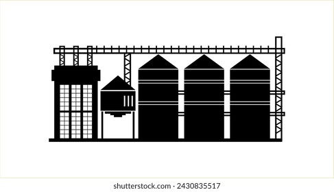 Ascensor de granos, edificio agrícola de un granero. Silueta negra de un almacén de cereales sobre fondo blanco. Iconos de ilustración vectorial