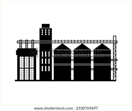 Grain elevator, agricultural building of a granary. Black silhouette of a warehouse of cereals on a white background. Vector illustration icons