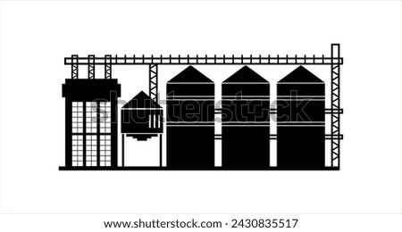 Grain elevator, agricultural building of a granary. Black silhouette of a warehouse of cereals on a white background. Vector illustration icons