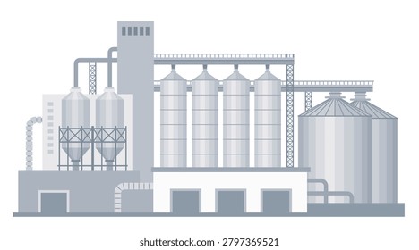 Grain elevator with storage silos and conveyor system. Agricultural facility for grain handling, storage and processing.