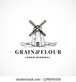 Grain and Flour Abstract Vector Sign, Symbol or Logo Template. Hand Drawn Windmill Sketch Illustration and Retro Typography. Vintage Luxury Emblem. Isolated.