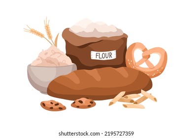 Grain Food, Cereal Products. Bread, Bakery, Wheat Flour In Bag And Bowl, Pasta, Cookies. Healthy Carbohydrate Nutritions, Nutrients Composition. Flat Cartoon Vector Illustration Isolated On White
