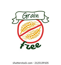 Grain free food label, zero gluten product emblem. Isolated on white crossed wheat icon and ribbon element with text. Healthy food for allergy diet nutrition, vector illustration