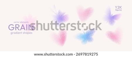 Grain gradient butterfly and heart set. Y2k love symbols icons. Dot gradation airbrush flying blue and pink transition spray illustration. Vector vintage aesthetic grainy heart and butterflies figures