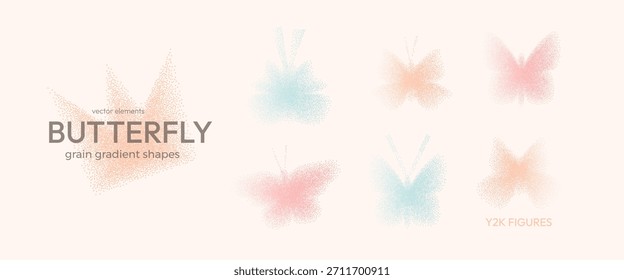 Grain gradient butterfly set. Y2k icons. Dot gradation airbrush flying spray illustration. Vector vintage aesthetic grainy butterflies figures Insect elements with sand texture on beige background.
