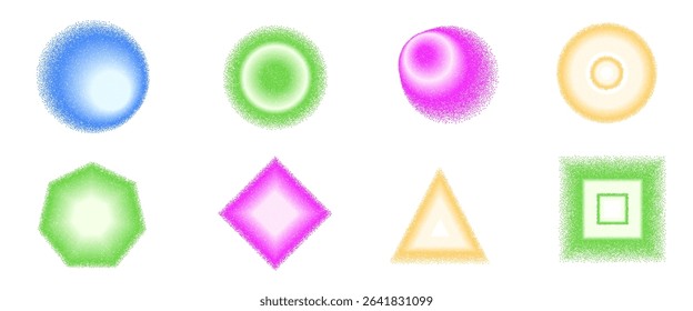Grain gradient geometric shape set. Y2k noise circles with triangles forms. Colorful rhombus and rectangles icons on white background. Trendy effect with gritty grunge texture. Vector illustration.