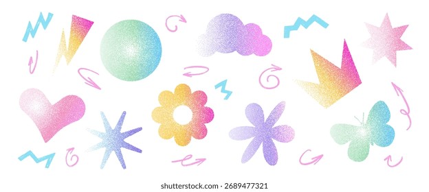 Grain gradient shapes background. Dots geometric figures set. Y2k retro heart and circle with flower forms. Colorful butterfly, crown icons. Trendy effect with stippling texture. Vector illustration.