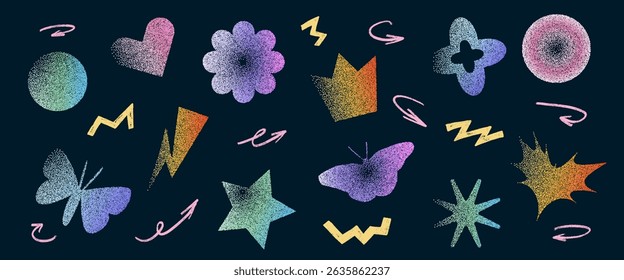 Grain gradient shapes. Dots geometric figures set. Y2k retro heart, star and circle with flower forms. Colorful butterfly, crown icons on dark background. Trendy effect stippling. Vector illustration.