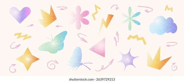 Grain gradient shapes. Dots geometric figures set. Y2k retro heart, star and circle with flower forms. Colorful icons on beige background. Trendy effect with stippling texture. Vector illustration.