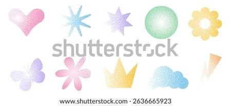 Grain gradient shapes. Dots geometric figures set. Y2k retro heart, star and circle with flower forms. Colorful butterfly, crown icons on white background. Vector illustration.