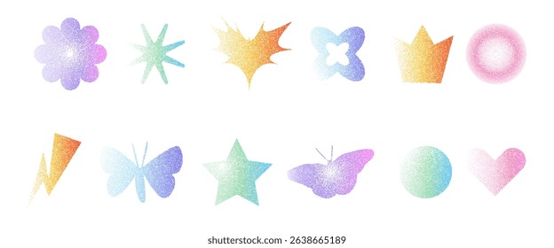 Grain gradient shapes. Dots stippling geometric figures set. Y2k retro heart, star and circle with flower forms. Colorful butterfly, crown icons on white background. Vector illustration.