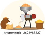 Grain Grinder for Feed or Flour Production vector illustration, illustration of an electric grain grinding machine processing materials