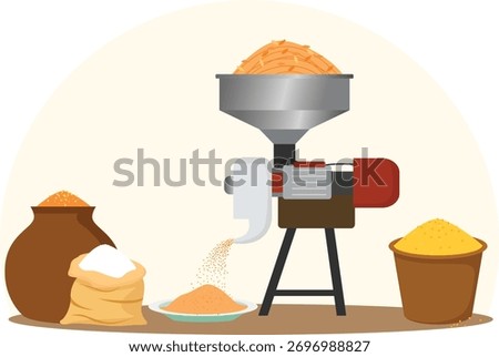 Grain Grinder for Feed or Flour Production vector illustration, illustration of an electric grain grinding machine processing materials