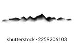 Grain halftone mountains. Fading dotted landscape and terrain. Black and white grainy hills. Grunge noise background. Textured wallpaper. 