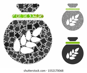 Grain harvest sack mosaic of trembly parts in different sizes and color tones, based on grain harvest sack icon. Vector rough parts are grouped into mosaic.