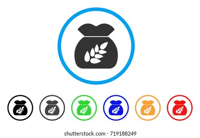 Grain Harvest Sack rounded icon. Style is a flat grain harvest sack grey symbol inside light blue circle with black, gray, green, blue, red, orange versions.