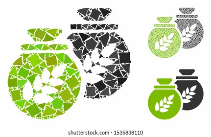 Grain harvest sacks mosaic of humpy parts in different sizes and color hues, based on grain harvest sacks icon. Vector bumpy parts are combined into mosaic.