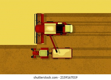 Grain harvester combine. Top view of harvester combine and tractor with trailer on field. Farmer work and harvesting, agriculture machinery, vector svg