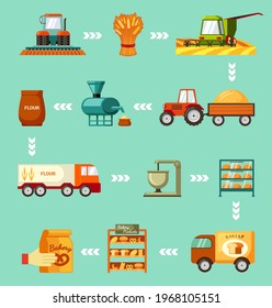 Grain harvesting and baking steps set. Sowing wheat and green harvester mowing and tractor trailer carrying golden pile rye transporting flour and truck delivery baked goods store. Vector production.