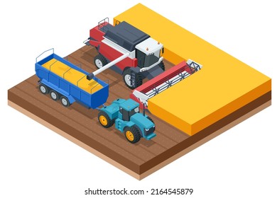 Grain harvesting combine. Combine harvester harvests ripe wheat. Agriculture concept. Reaping, threshing, gathering, and winnowing svg