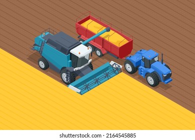 Grain harvesting combine. Combine harvester harvests ripe wheat. Agriculture concept. Reaping, threshing, gathering, and winnowing svg