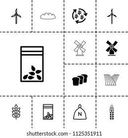 Grain icon. collection of 13 grain filled and outline icons such as seed bag, bread, mill, wheat, sack, harvest. editable grain icons for web and mobile.