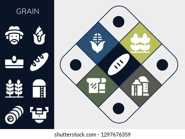  grain icon set. 13 filled grain icons. Simple modern icons about  - Bread, Bale, Field, Wheat, Harvest, Sow, Farmer, Corn, Silo