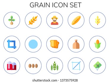 grain icon set. 15 flat grain icons.  Collection Of - seed, crop, wheat, fields, farmer, bread, sack, corn, silo, seeds, crops