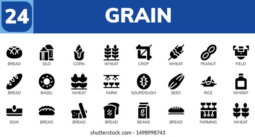 grain icon set. 24 filled grain icons.  Simple modern icons about  - Bread, Silo, Corn, Wheat, Crop, Peanut, Field, Bagel, Farm, Sourdough, Seed, Rice, Whisky, Sow, Beans, Farming