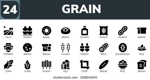 grain icon set. 24 filled grain icons.  Simple modern icons about  - Field, Wheat, Bagel, Bread, Whisky, Peanut, Farmer, Bale, Sourdough, Rice, Corn, Silo, Crop
